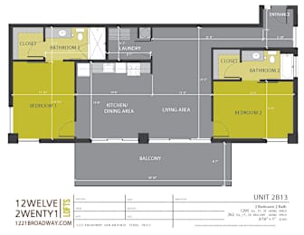 Two bedroom two bath floor plan layout at 1221 Broadway Lofts Apartments, San Antonio, 78215