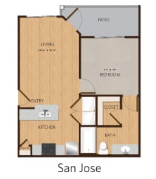 1 bed 1 bath floor plan at Villa Espada Apartments, San Antonio, TX