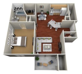 a 3d drawing of a floor plan with a kitchen and living room