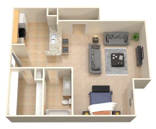 a 3d rendering of a bedroom with a living room