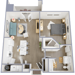 A 3D floor plan of a small apartment with a kitchen, living room, and bedroom.