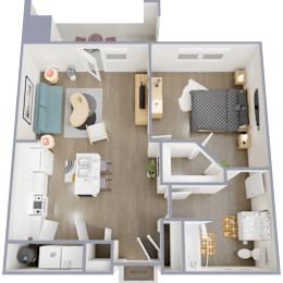 A 3D floor plan of a small apartment with a kitchen, living room, and bedroom.