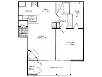One bedroom floor plan with patio balcony at Monarch Medical Center Apartments, Houston, 77054