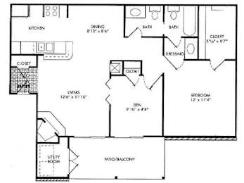 One bedroom floor plan with patio balcony at Monarch Medical Center Apartments, Houston, Texas