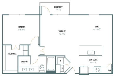 A5 - 1 Bedroom 1 Bath 856 Sq. Ft. Floor Plan at Gatsby on Ross, Dallas, Texas