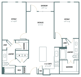 B2a - 2 Bedroom 2 Bath 1,295 Sq. Ft. Floor Plan at Gatsby on Ross, Dallas, TX