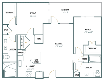 B3 - 2 Bedroom 2 Bath 1,198 Sq. Ft. Floor Plan at Gatsby on Ross, Dallas, 75204