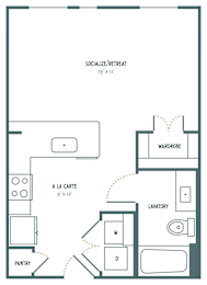 A floor plan of a socialize/retreat room with a la carte, wardrobe, lavatory, and pantry.