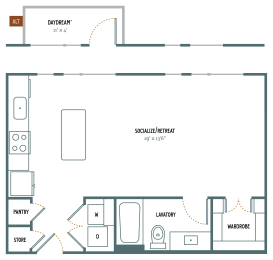 E2 Studio 624 Sq. Ft. Floor Plan at Gatsby on Ross, Texas