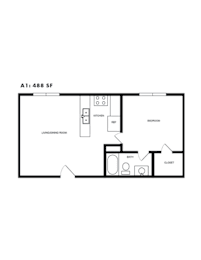 One bedroom floor plan layout A1 at Azure Apartments, Austin, Texas