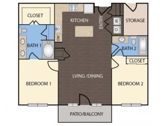 B1 - 2 Bedroom 2 Bath 1,064 Sq. Ft. Floor Plan at Republic at Alamo Heights, San Antonio Texas