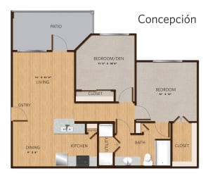 2 bed 1 bath floor plan at Villa Espada Apartments, San Antonio, Texas