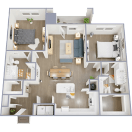 A 3D floor plan of a house with a kitchen, living room, and bedrooms.