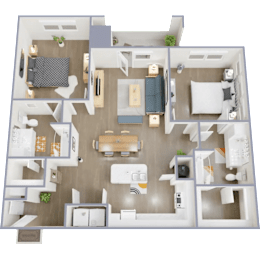 A 3D floor plan of a house with a living room, kitchen, dining room, and bedrooms.