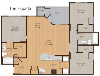3 bed 2 bath floor plan at Villa Espada Apartments, Texas
