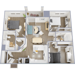 A 3D floor plan of a house with a living room, kitchen, and bedrooms.