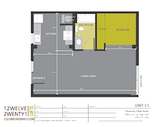 Studio apartment floor plan with bedroom and closet at 1221 Broadway Lofts Apartments, Texas, 78215