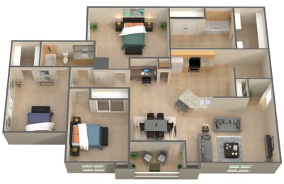 3d floor plan of a 3 bedroom apartment