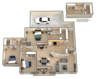 a 3d rendering of a floor plan with a car and a garage