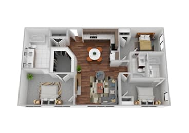 A 3D floor plan of a house with a central courtyard.