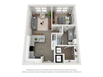 A 3D floor plan of a small apartment with a kitchen, living room, and bedroom.