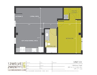 Unit d1 floor plan one bedroom one bath at 1221 Broadway Lofts Apartments, San Antonio, TX 78215