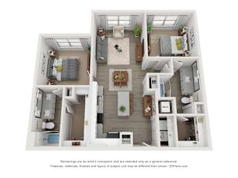 A 3D floor plan of a house with labeled rooms.