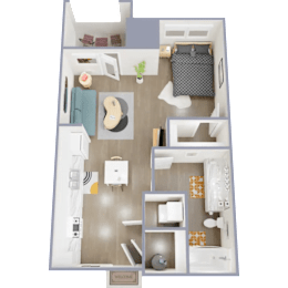 A 3D floor plan of a small apartment with a kitchen, living room, and bathroom.