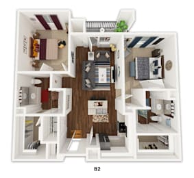 Two bedroom floor plan with two bathrooms at Emilia Apartments, Boerne, 78006