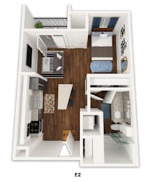 Studio apartment 3D floor plan layout at Emilia Apartments, Boerne
