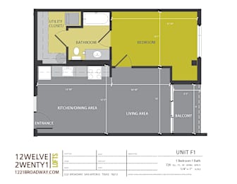Unit f1 floor plan one bedroom with balcony at 1221 Broadway Lofts Apartments, San Antonio, 78215
