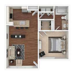 A floor plan of a two-bedroom apartment with a living room, kitchen, and bathroom.