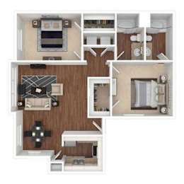 A floor plan of a two-bedroom apartment with a living room, kitchen, and bathroom.