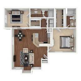 A top-down view of a house layout with a kitchen, living room, and bathrooms.