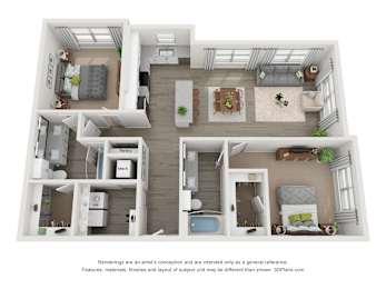 A 3D floor plan of a house with labeled rooms.