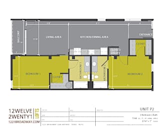 Unit p2 two bedroom two bath floor plan at 1221 Broadway Lofts Apartments, San Antonio, TX 78215