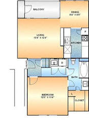 One bedroom one bath floorplan with balcony at The Courtyard Apartments, Texas