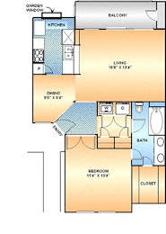 One bed one bathroom floorplan with balcony at The Courtyard Apartments, Texas, 75044