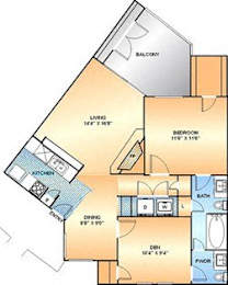One bedroom one bathroom floorplan with balcony at The Courtyard Apartments, Garland, TX 75044