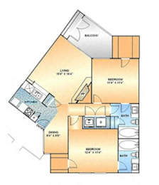 2 bed 2 bath floorplan with balcony at The Courtyard Apartments, Garland, TX