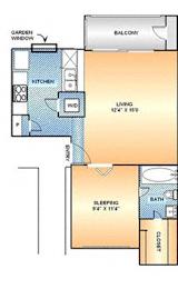 One bedroom 1 bath floorplan with balcony at The Courtyard Apartments, Garland, 75044