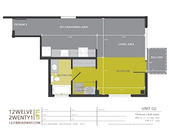 Unit q2 floor plan one bedroom studio layout at 1221 Broadway Lofts Apartments, San Antonio, 78215