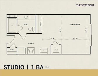 Studio floor plan with one bathroom layout at THE'68 Apartments, Texas