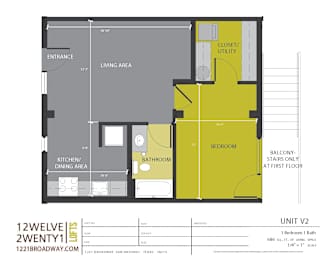 Unit v2 one bedroom one bath floor plan at 1221 Broadway Lofts Apartments, San Antonio, 78215