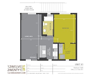 Unit x1 one bedroom loft floor plan at 1221 Broadway Lofts Apartments, San Antonio