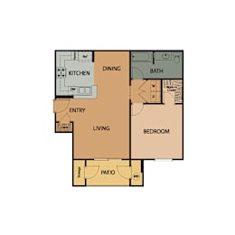 Floor Plan  A floor plan of a house with a kitchen, dining room, living room, bedroom, bathroom, and patio.