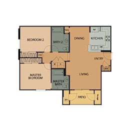 Floor Plan  A floor plan of a house with a master bedroom, two bathrooms, a living room, a dining room, a kitchen, and a patio.