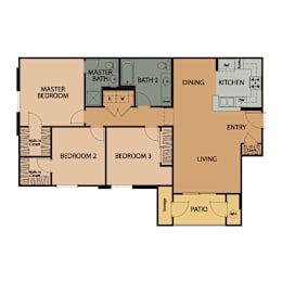 Floor Plan  A floor plan of a house with a master bedroom, two bathrooms, a dining area, a kitchen, and a living room.