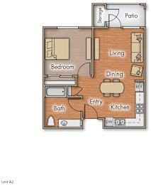 Floor Plan  A floor plan of a small apartment with a bedroom, bathroom, kitchen, dining room, and living room.