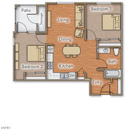 Floor Plan  A floor plan of a unit with a patio, two bedrooms, a living room, a dining room, a kitchen, a bathroom, and an entry.